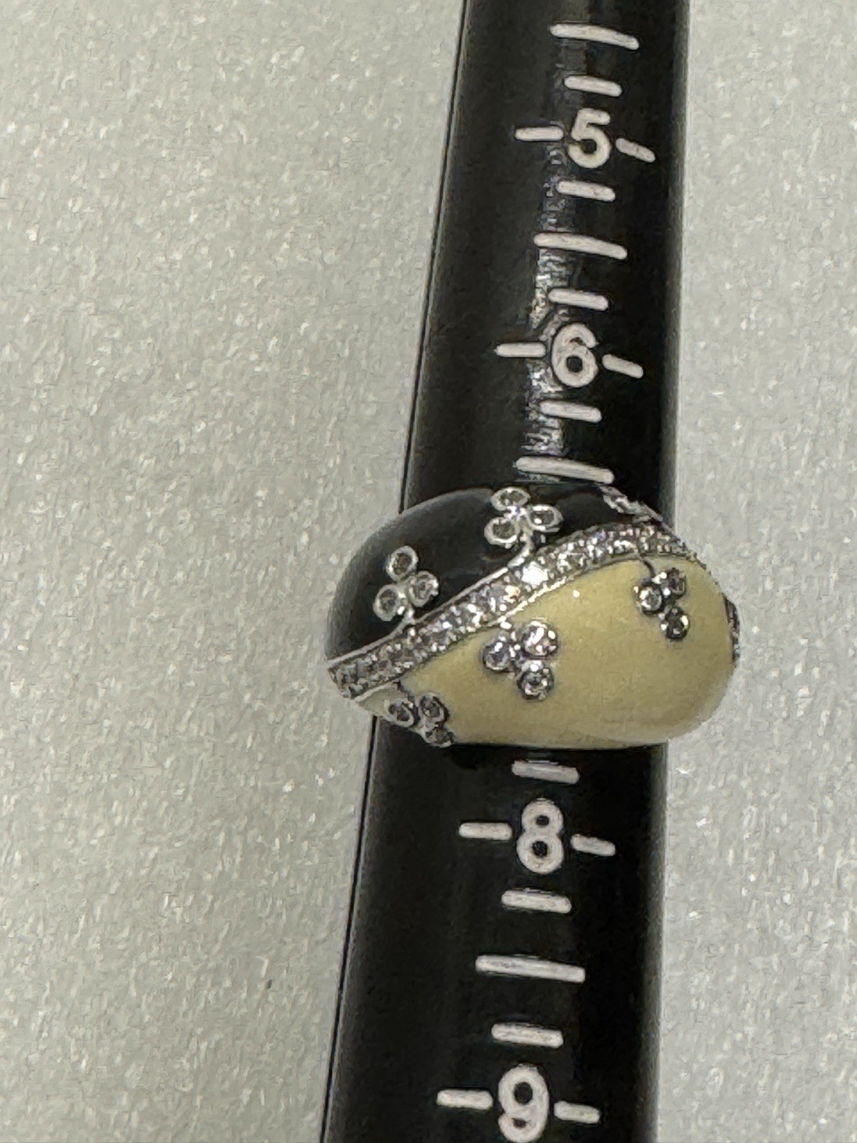 Sterling Silver Cream Black Enamel Rhinestone Dome Ring Size 7.5
