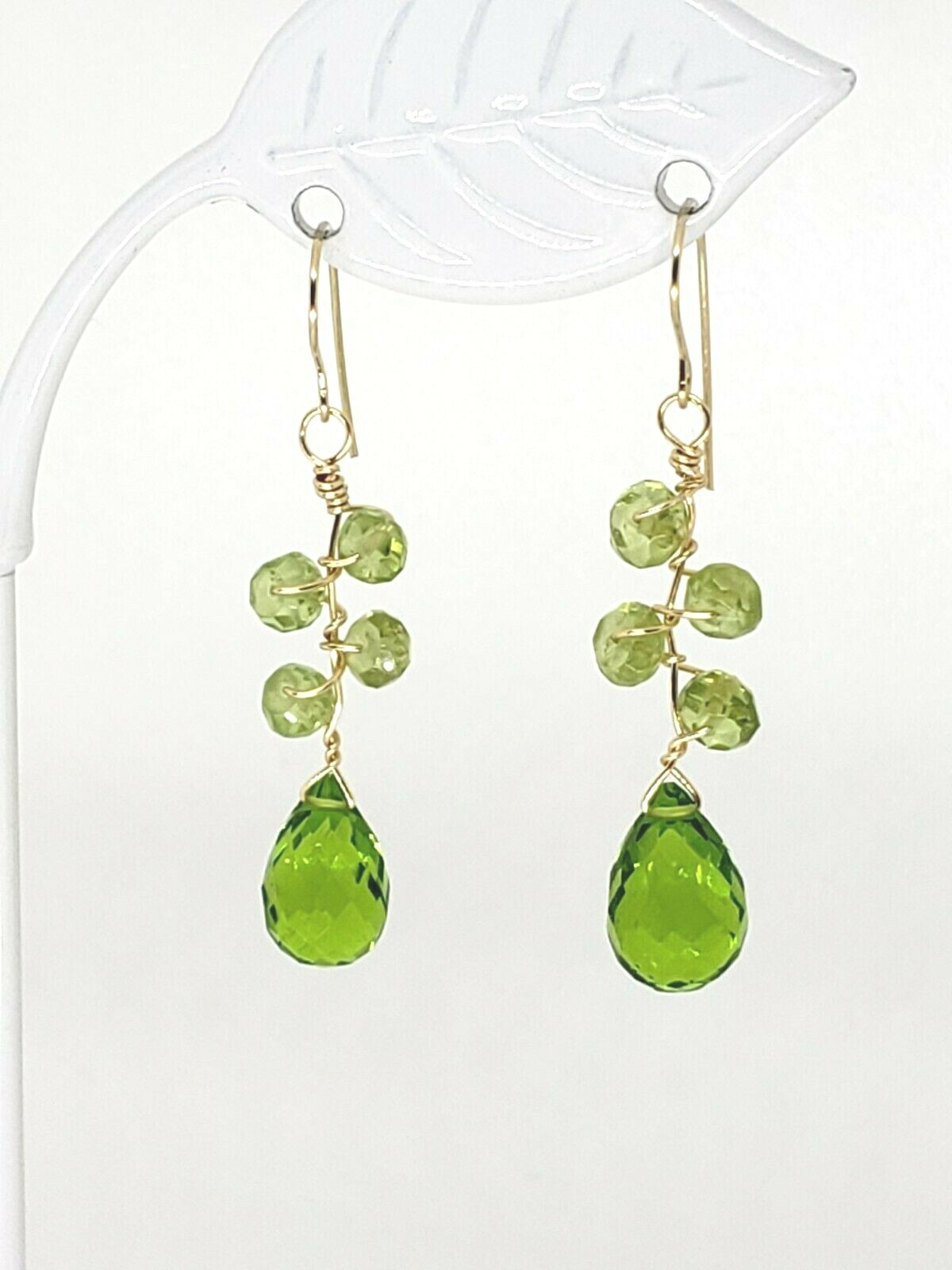 14k Yellow Gold Peridot Briolette and Rondelles Cluster Drop Dangle Earrings