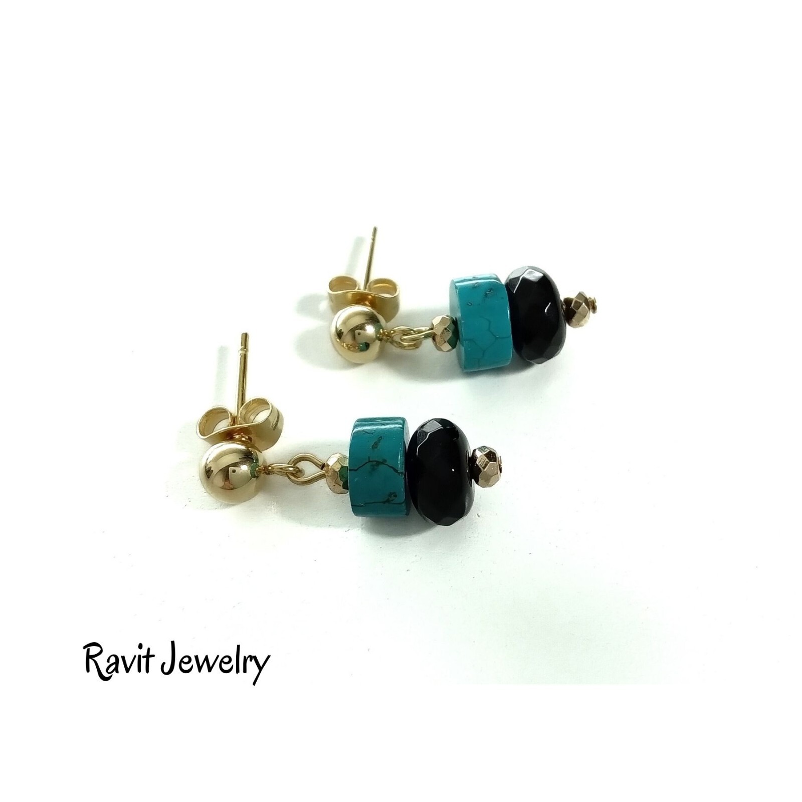 Turquoise And Black Agate Stone Gold Plated Stud Dangle Earrings Stainless Steel