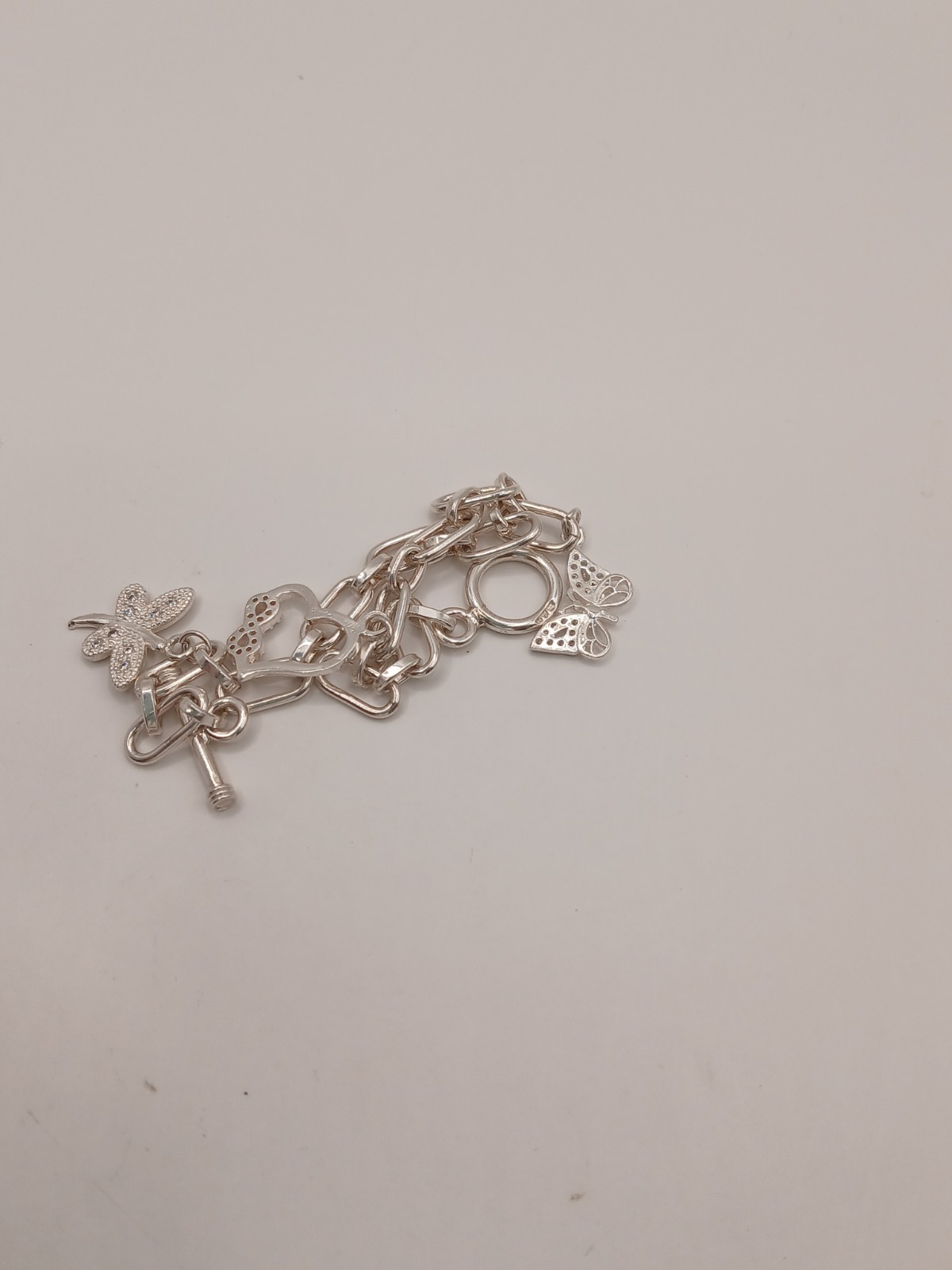 Sterling Silver 925 Link Chain Charm Bracelet Dangle Toggle 7.6-8 in