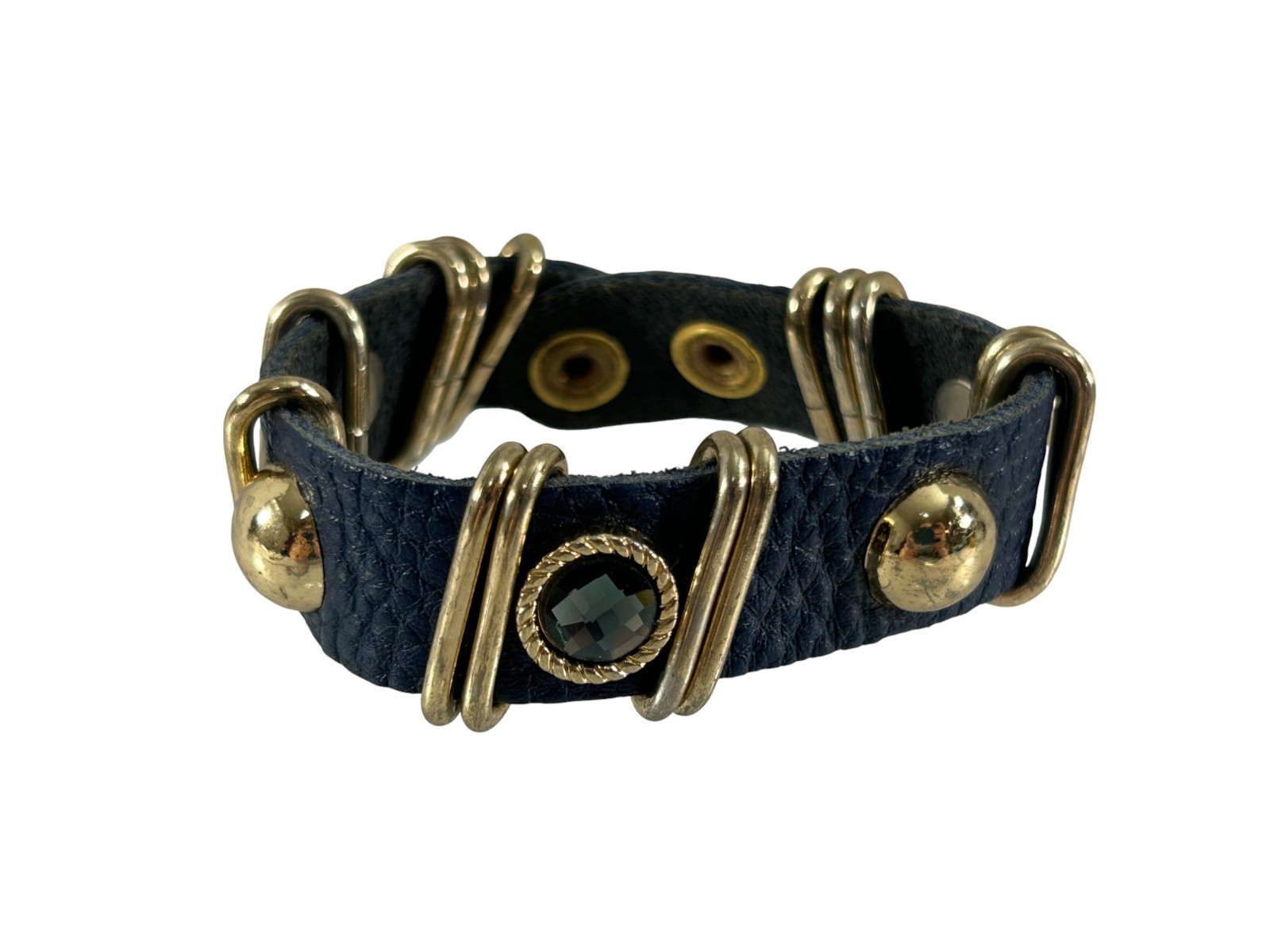 Vintage Star King Blue Leather Bracelet Gold Tone Hardware Snap Cuff Rhinestones