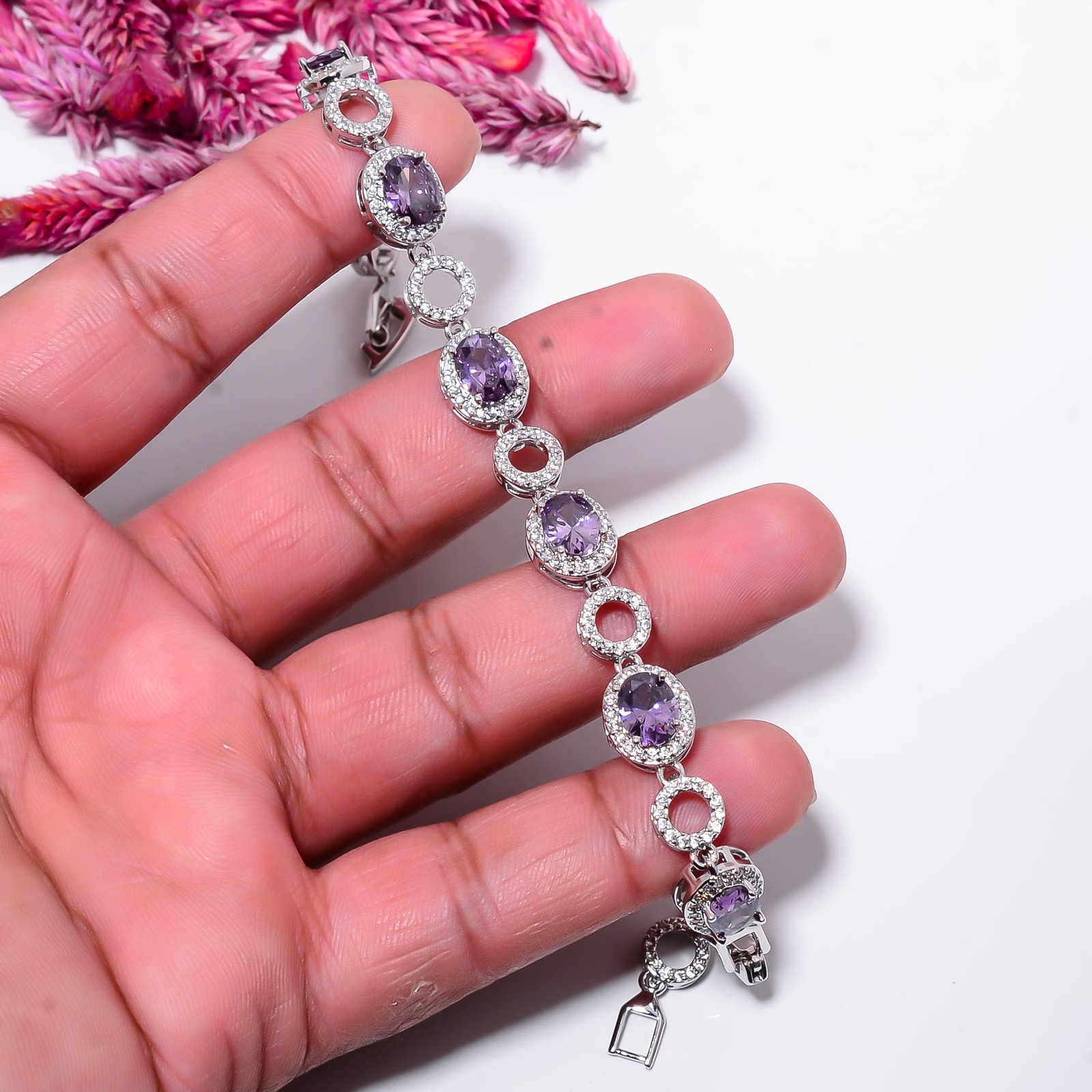 Purple Amethyst, CZ 925 Sterling Silver Adjustable Bracelet 7-8″ B132215