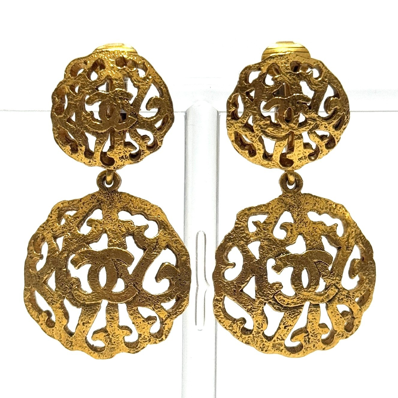 CHANEL 2718 COCO Mark CC Logo Earrings Gold Round Swing Vintage Authentic JAPAN
