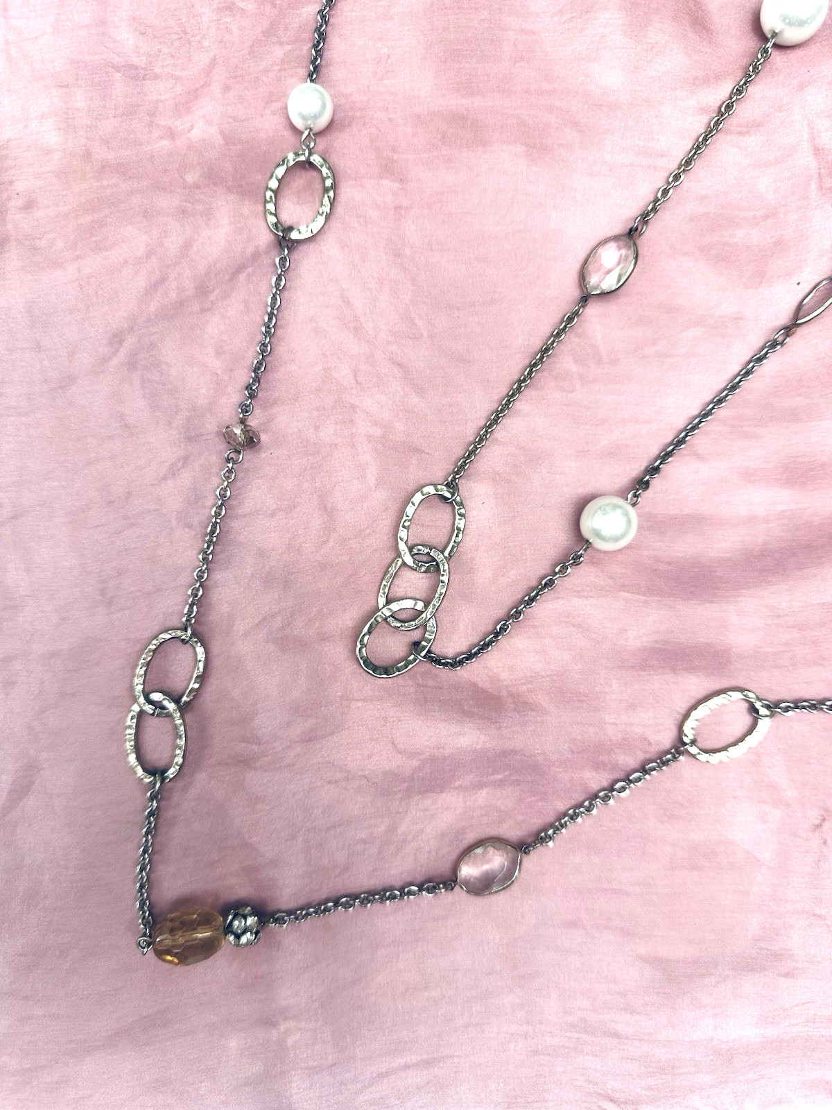 Silver Tone Vintage Style 72” Pearl Clear Crysta Station Necklace Hammered Link