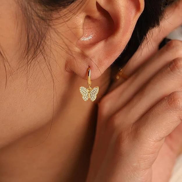 Aretes colgantes de mariposa con dije de mariposa, oro de 14K para mujeres