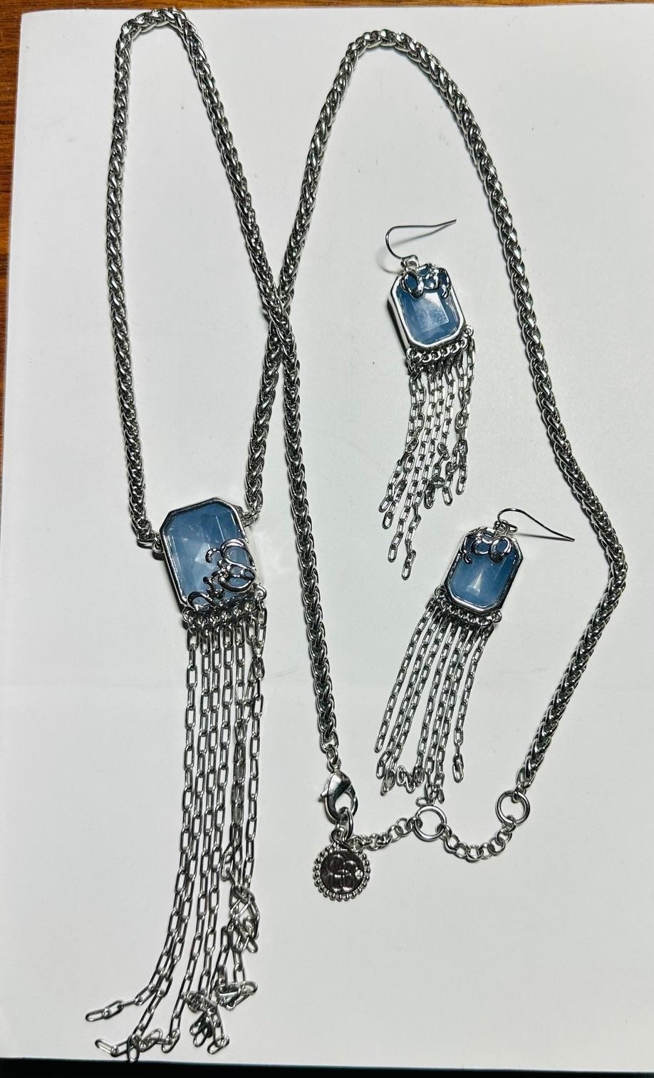 Jessica Simpson Blue Crystal 1″ Silver Fringe Tassel Necklace & Earrings #D12