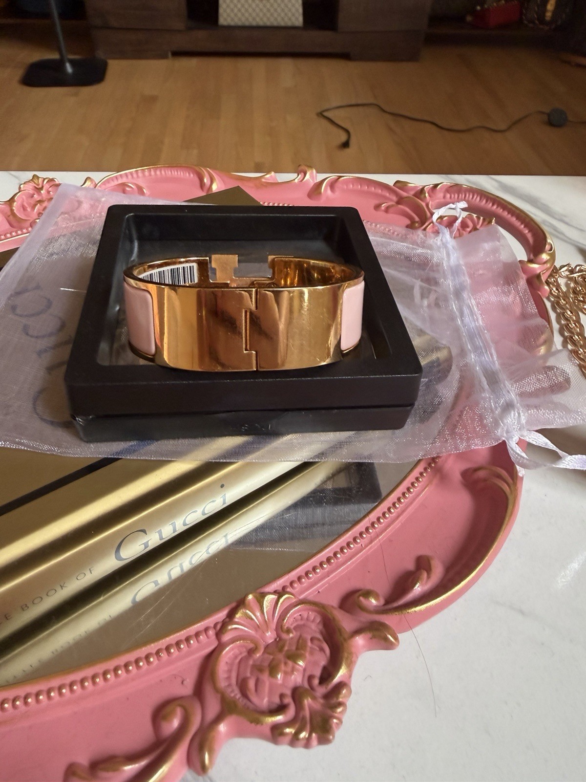 HERMÈS Pink Enamel Gold Tone H Clic Clac Hinged Bangle Cuff Bracelet