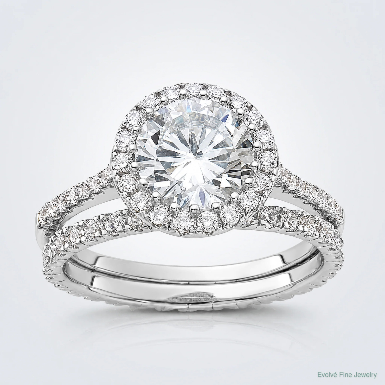 Sterling Silver Rhodium-Plated 11mm CZ Halo Engagement/Eternity Band 2 Ring Set
