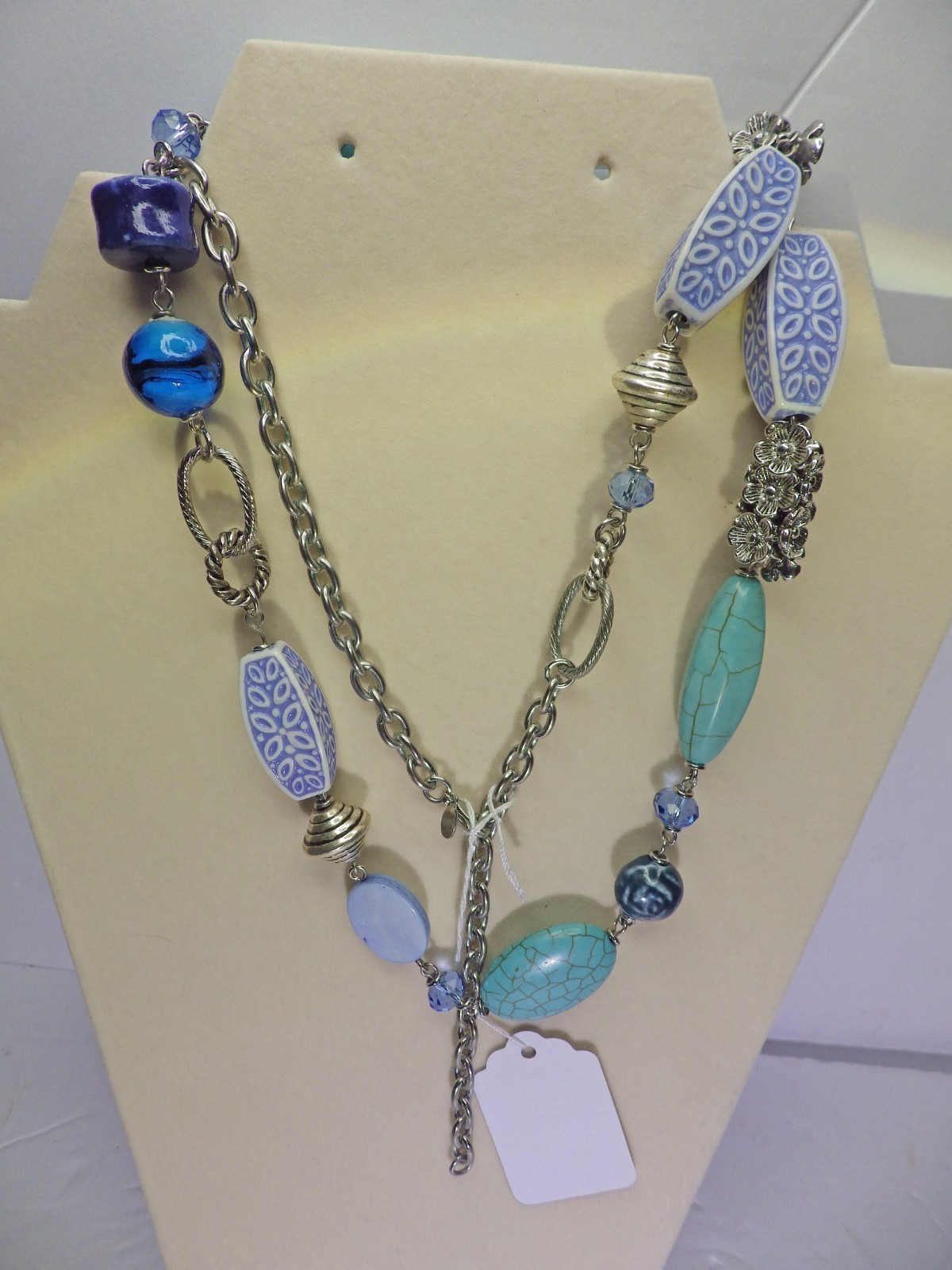 Premier Design Blue Lagoon Faux Turquoise & Silver Beads Long Necklace 35″ 620E2