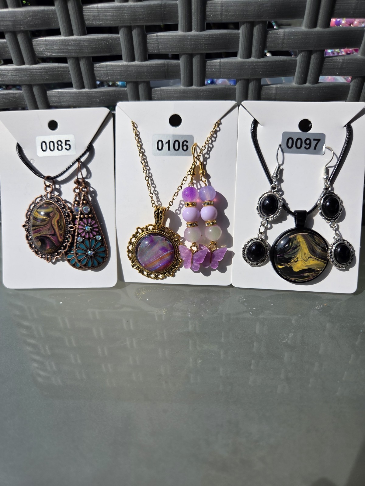 3 SETS of Necklaces with Earrings— Handmade Charms beads acrylic Paint