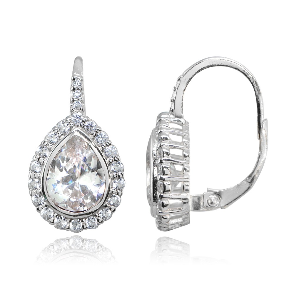 Teardrop Halo Cubic Zirconia Polished Sterling Silver Leverback Earrings