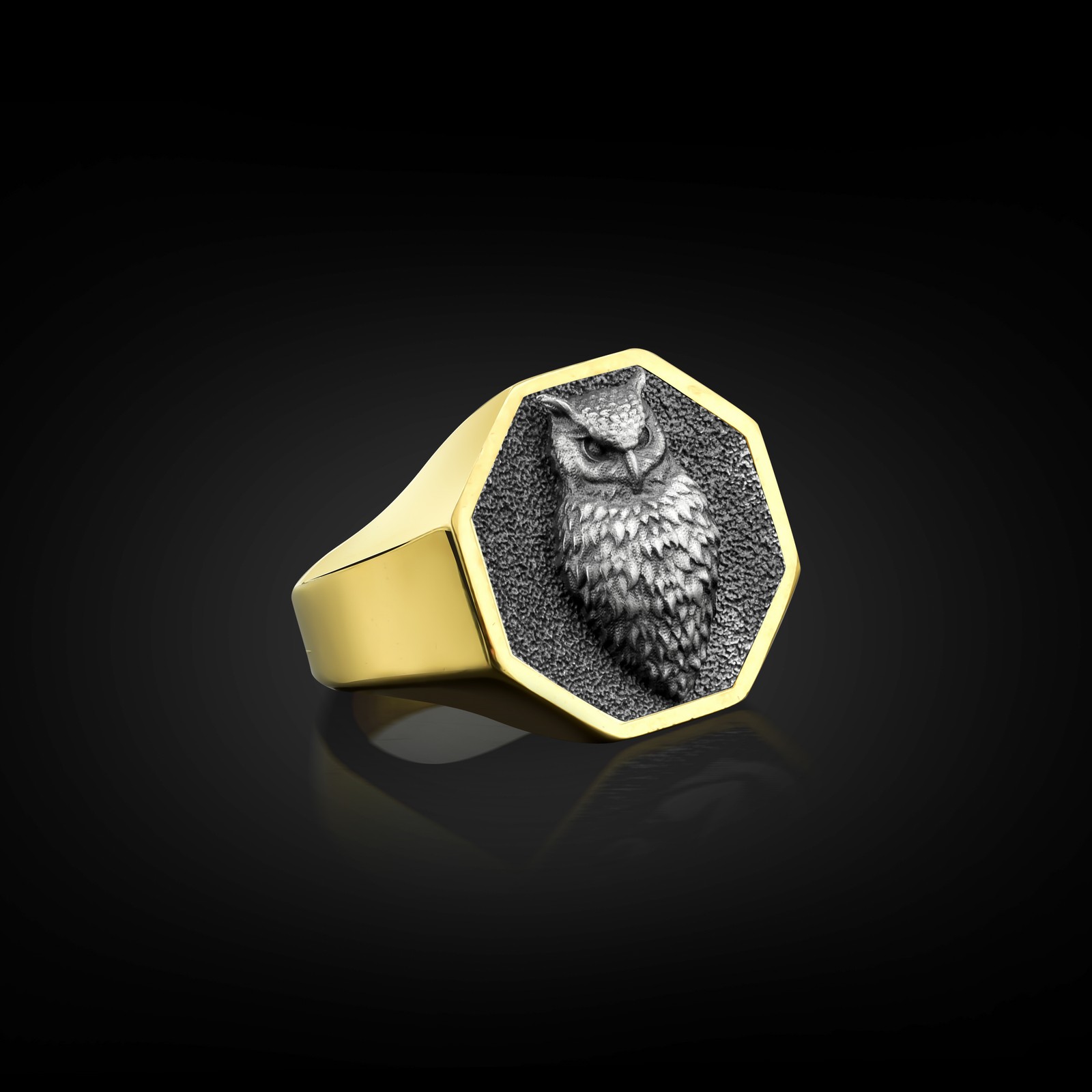 Athena Owl Silver Animal Signet Ring for Men in Oxidized Silver, Bird Ring