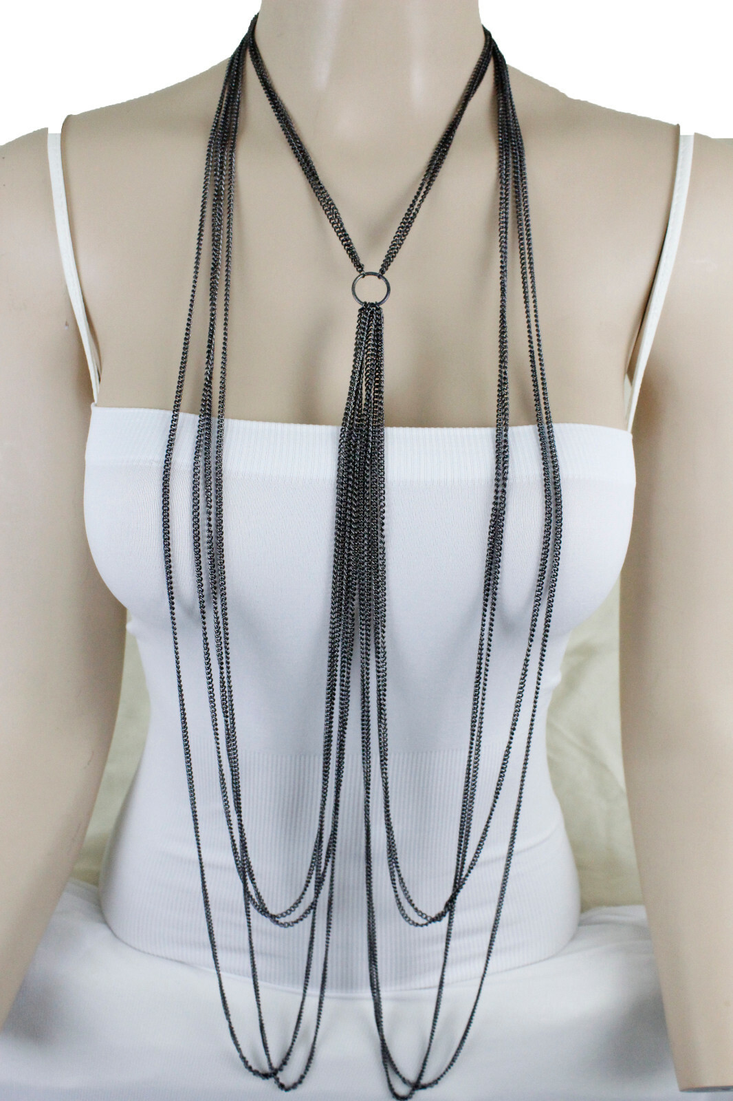 Women Fashion Long Sexy Harness Necklace Ring Charm Black Body Chain Size XS S
