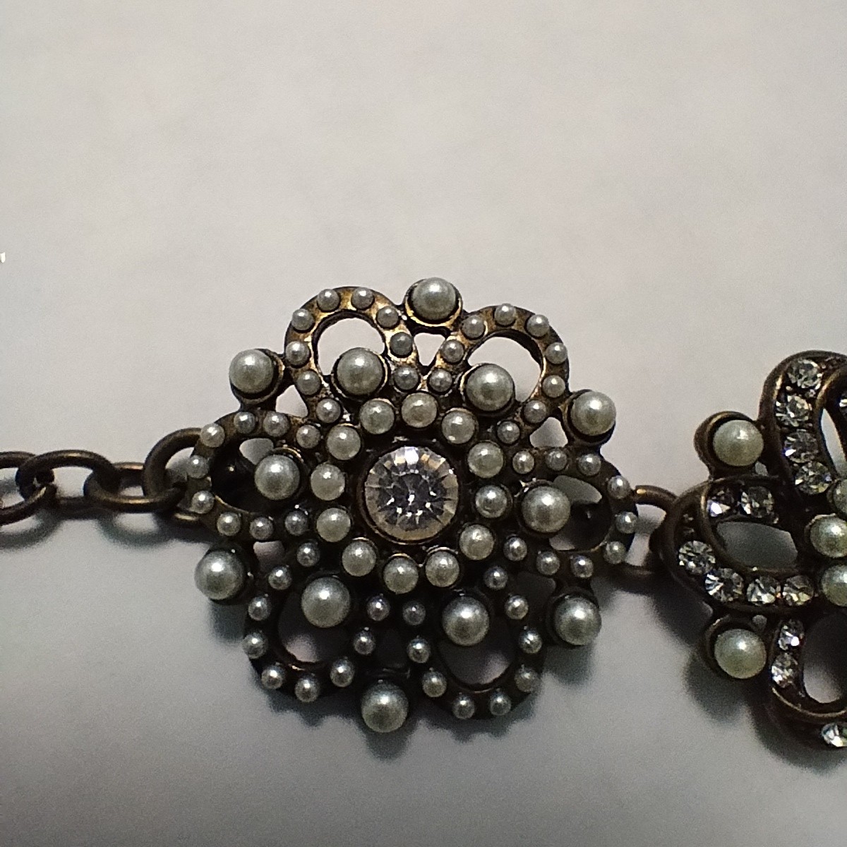Plunder Design Signed Clear Rhinestone and Faux Pearl Bracelet with Extender