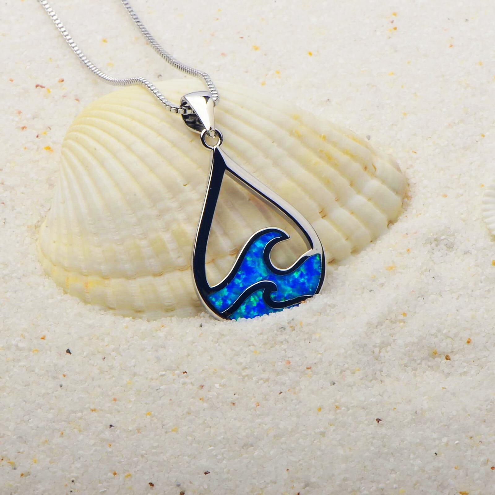 Hawaii Blue Fire Opal sea Wave Necklace pendants Silver Filled For Women Girls