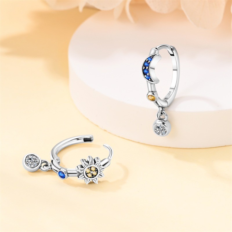 PANDACH 925 Sterling Silver Tiny Moon & Star Huggie Earrings For Women Jewelry