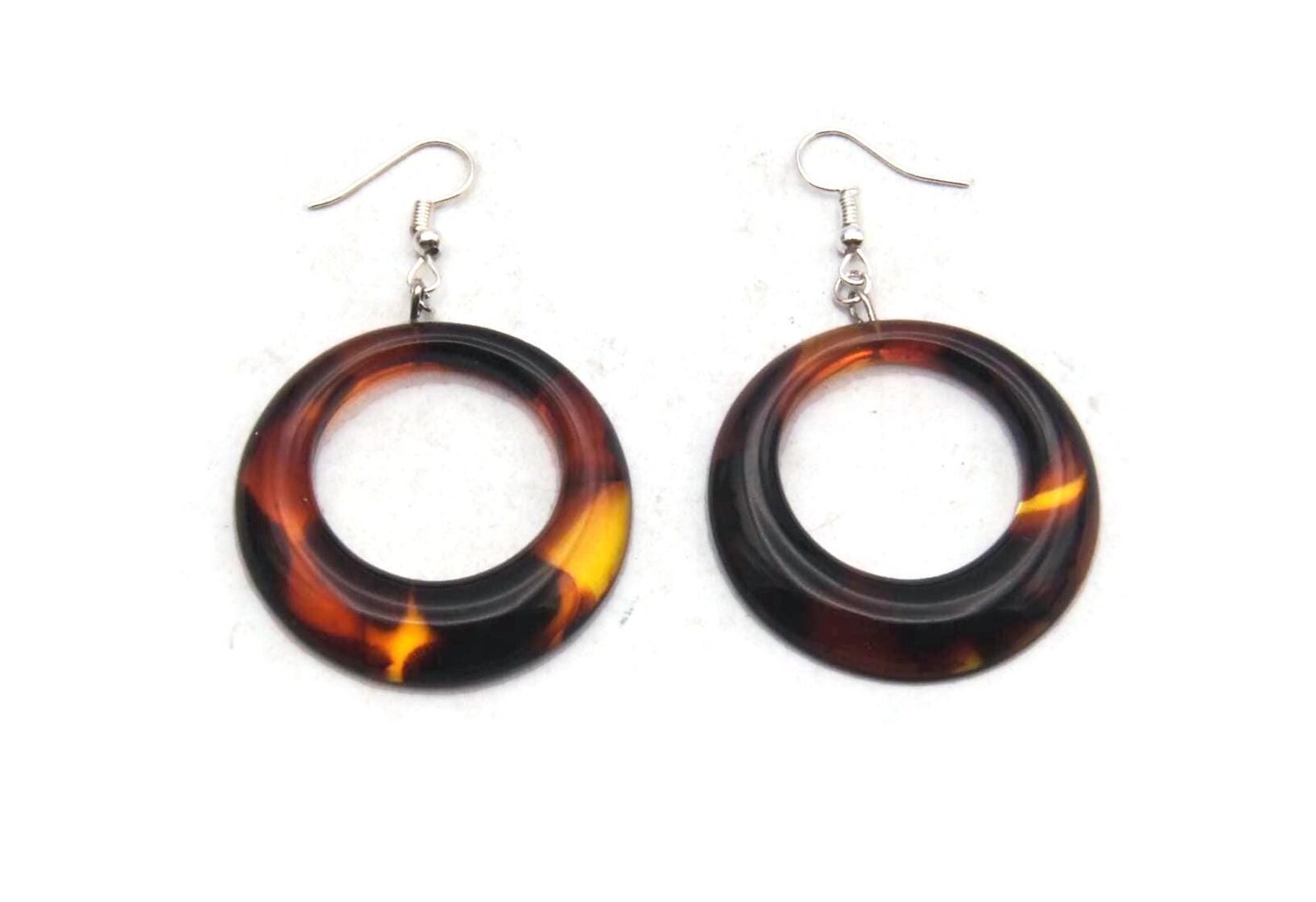 VTG Silver Tone and Brown Faux Tortoise Shell Lucite Dangle Earrings.