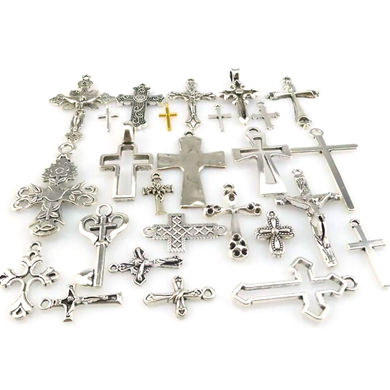 25* MIX Cross Pendant Vintage Antique Silver Tone Alloy Faith Religious Charm
