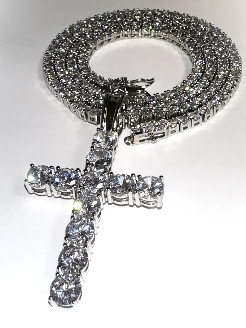 Eye-Clean White Cubic Zircon Cross Necklace 20 Inch 925 Sterling Silver Jewelry
