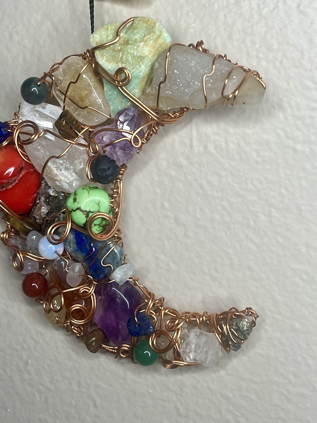 Wire Wrapped Crescent Moon Wall Hanging Amethyst Quartz Opalite Red Coral Copper