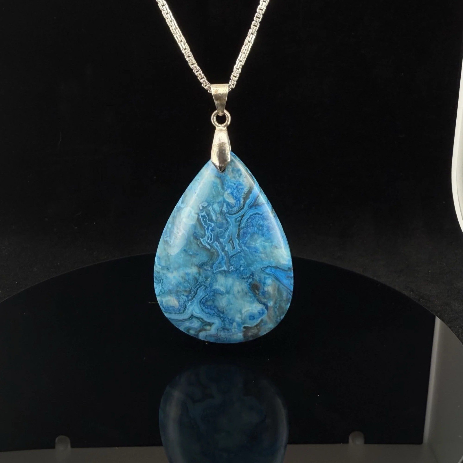 Blue Lace Agate Teardrop Pendant (Enhanced Color)
