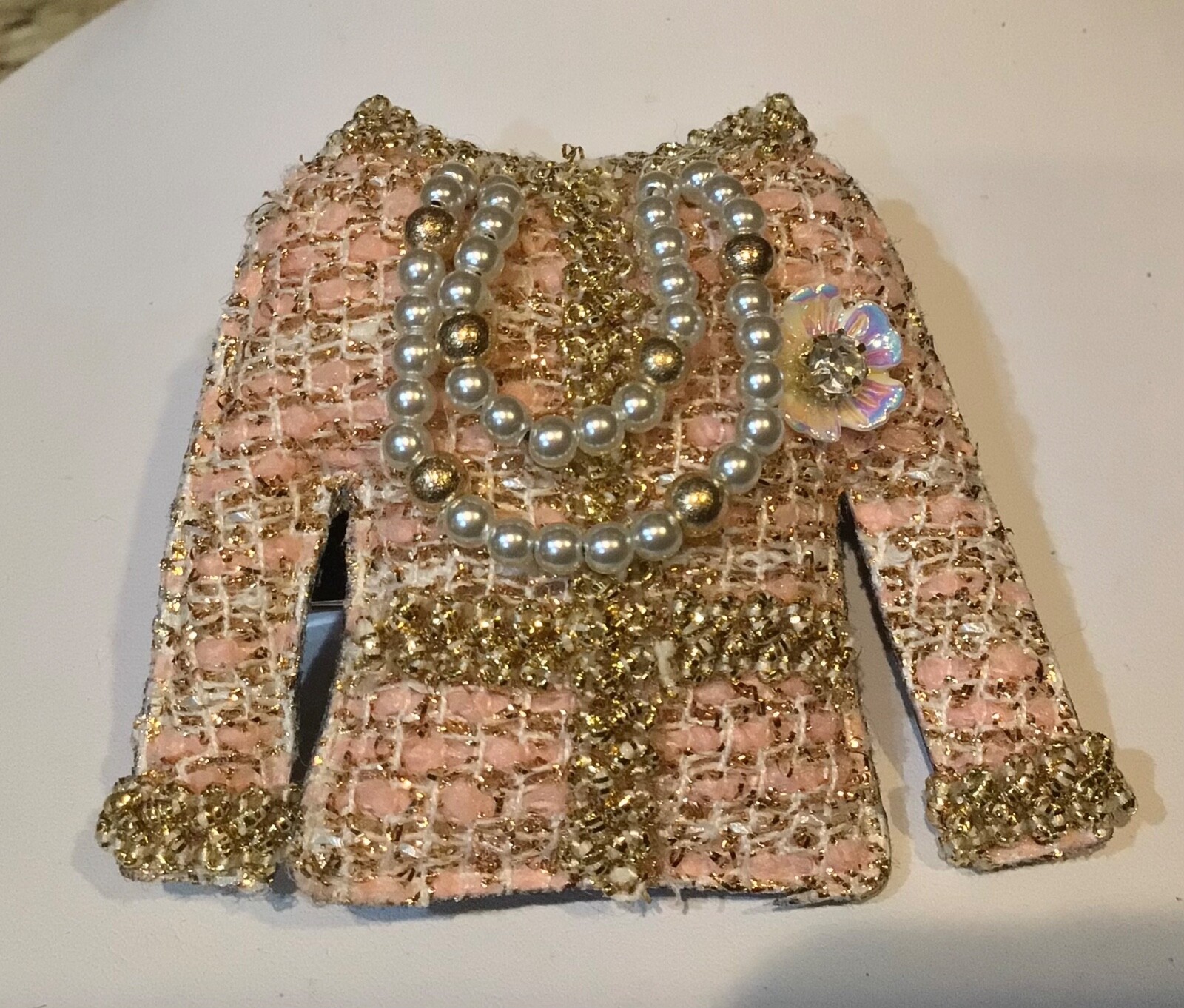 Peach Tweed Fabric Gold Accent Flower Faux Pearls JACKET Brooch Pin