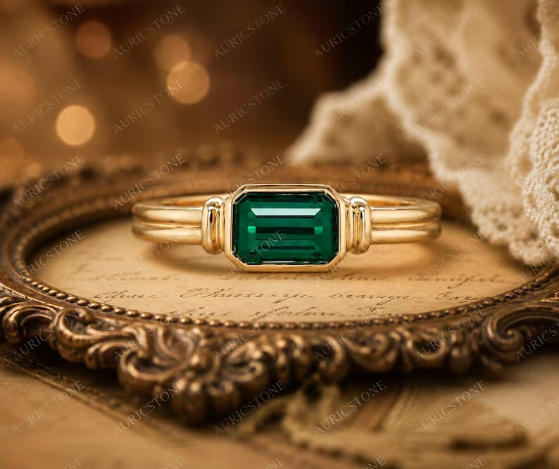 Lab Created Green Emerald Ring, Base Metal: Brass Finish: Gold Plated