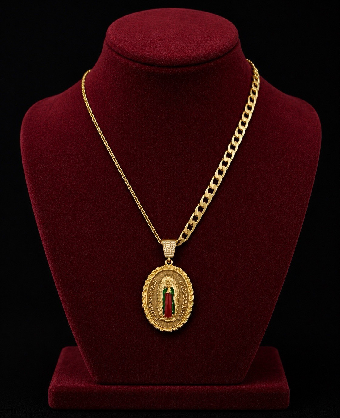 Gold Plated none tarnished Cuban Link Oval Medal Religious Pendant Necklace