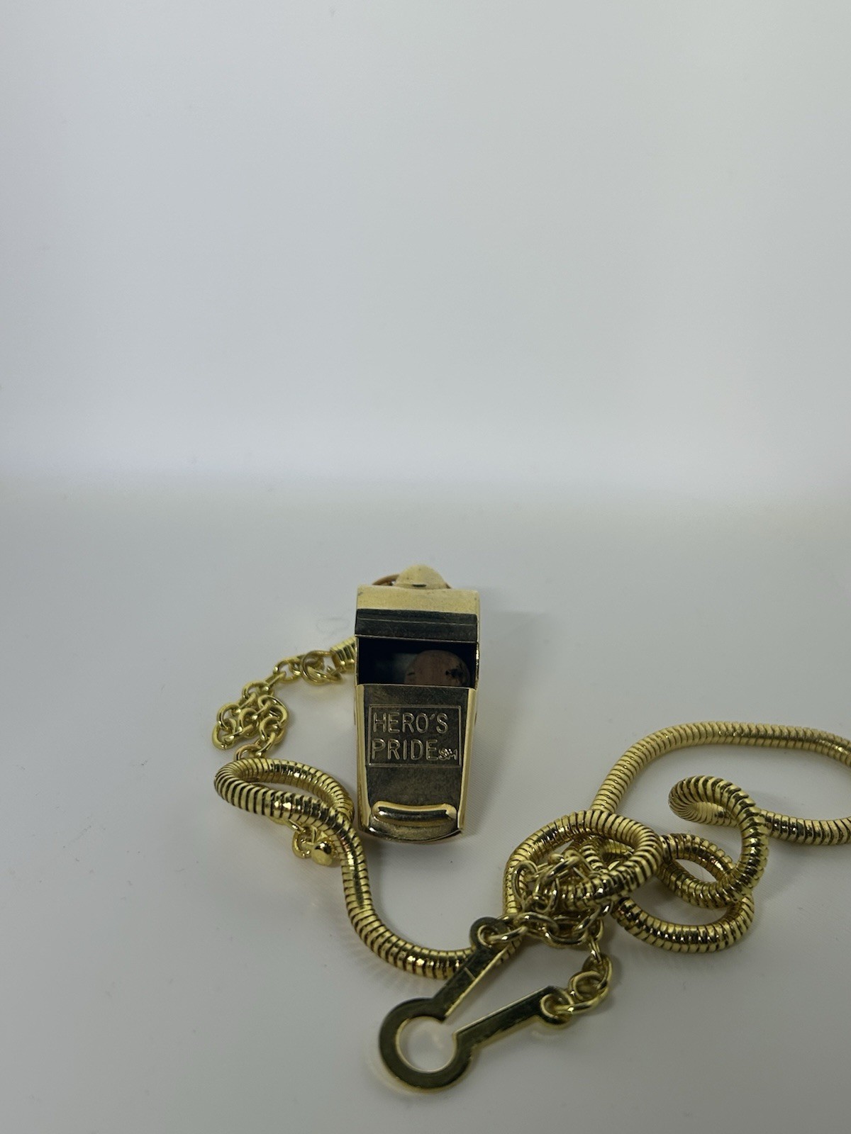 Gold Tone Metal Snake Chain Necklace w/ Rectangle Whistle Charm, Hook Closure