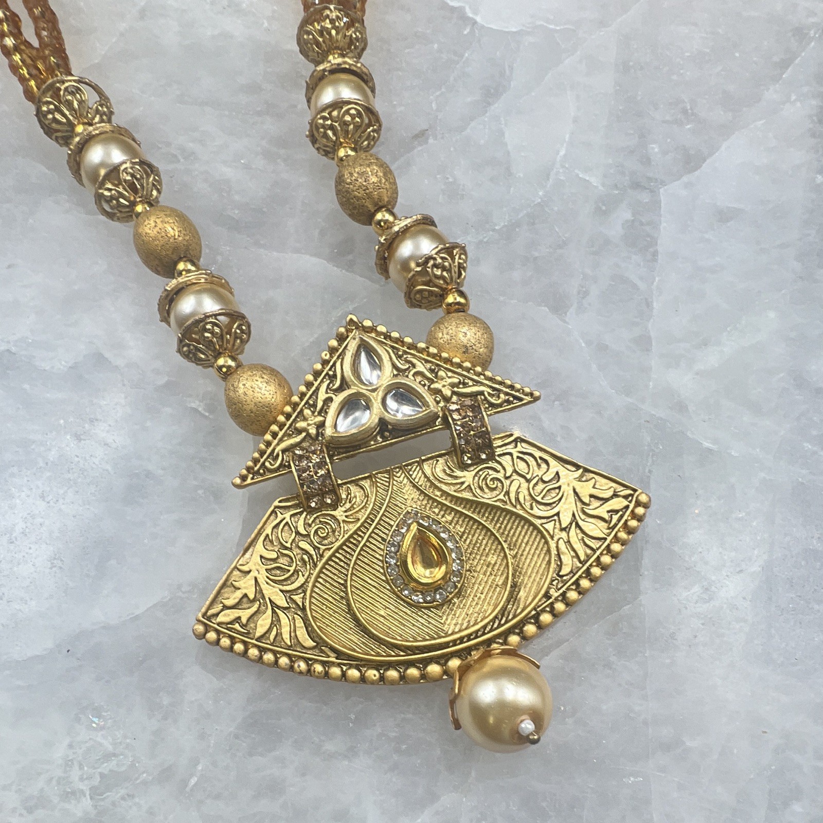 Gold Tone Multi-Strand Beaded Necklace, Fan Pendant, Simulated Pearl, Crystal