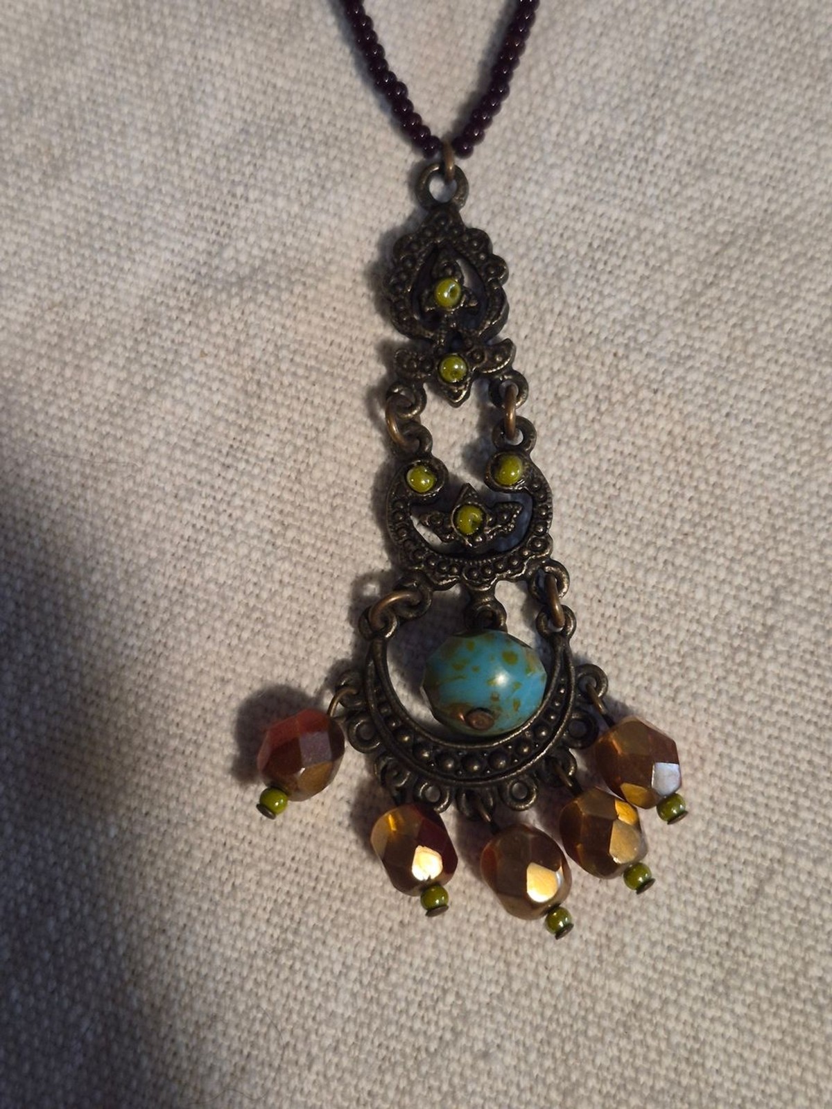 David Aubrey Vintage Inspired Beaded Bronze Filigree Drop Necklace