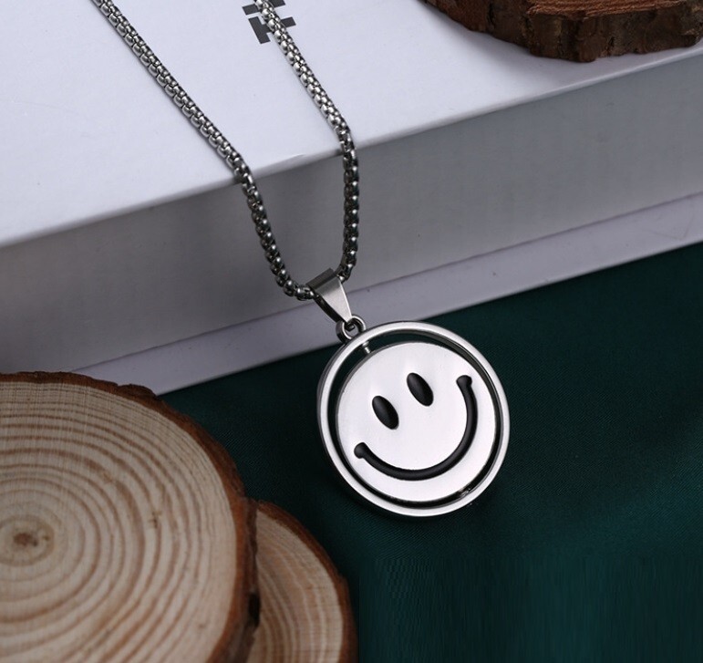 Silver Titanium Happy Smail Face Convert Sad Face Pendant Chain Necklace