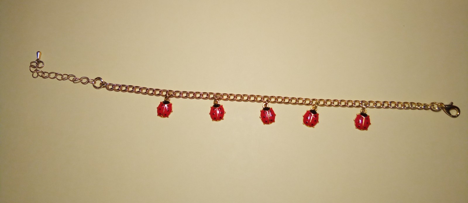 Ladybug Bracelet Gold tone chain 5 red black enamel charms ext chain Summer CUTE