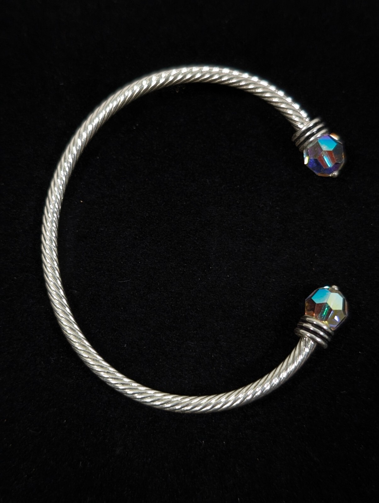 Silver Tone Cable Cuff AB Faceted Class Bracelet 6.5 inch