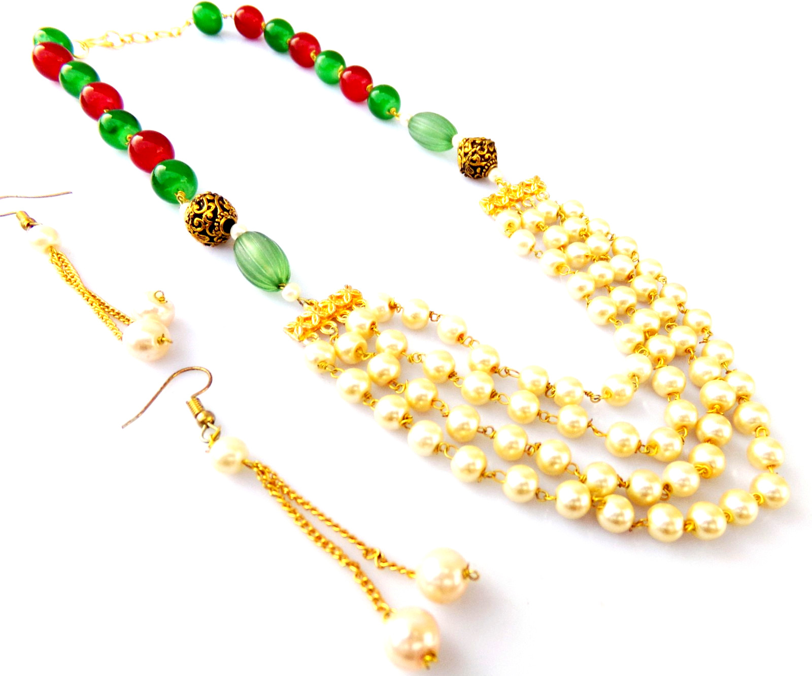 Indian Bollywood Gold Plated Pearls Mala Necklace Earrings Ethnic Jewelry Set
