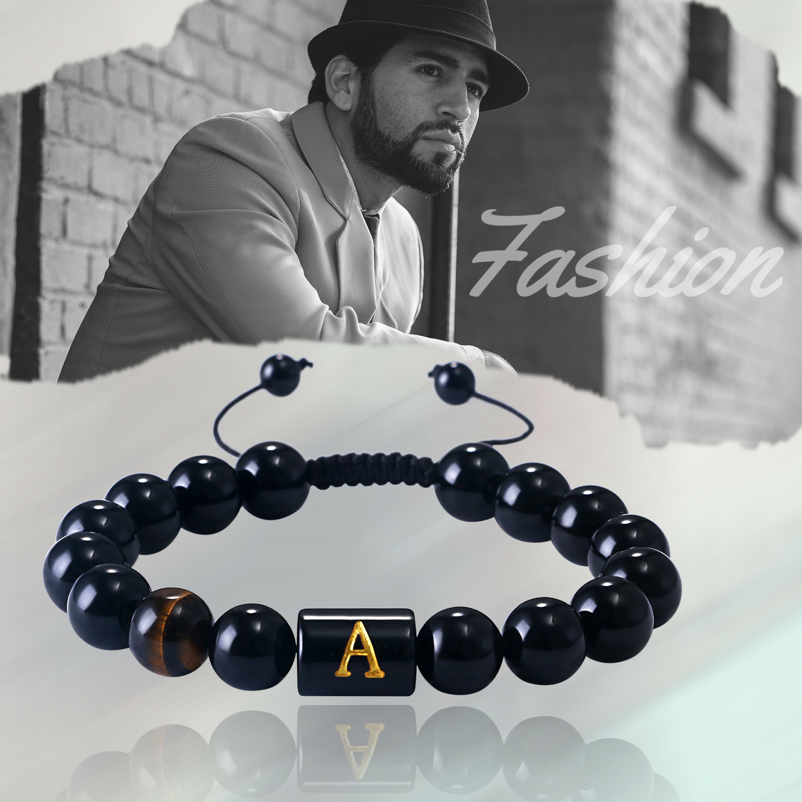 Initial Letter Bracelet For Men Black Onyx Tiger Eye Stone Beads Bracelet 10mm