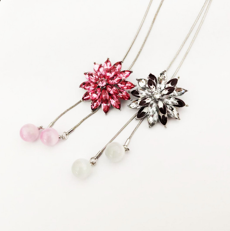 New Women Long Silver Tassel Cluster CZ Flower Pendant Necklace Chain Sweater SC
