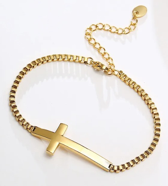 Sideways Cross Bracelet — Stainless Steel High Polish Box Chain