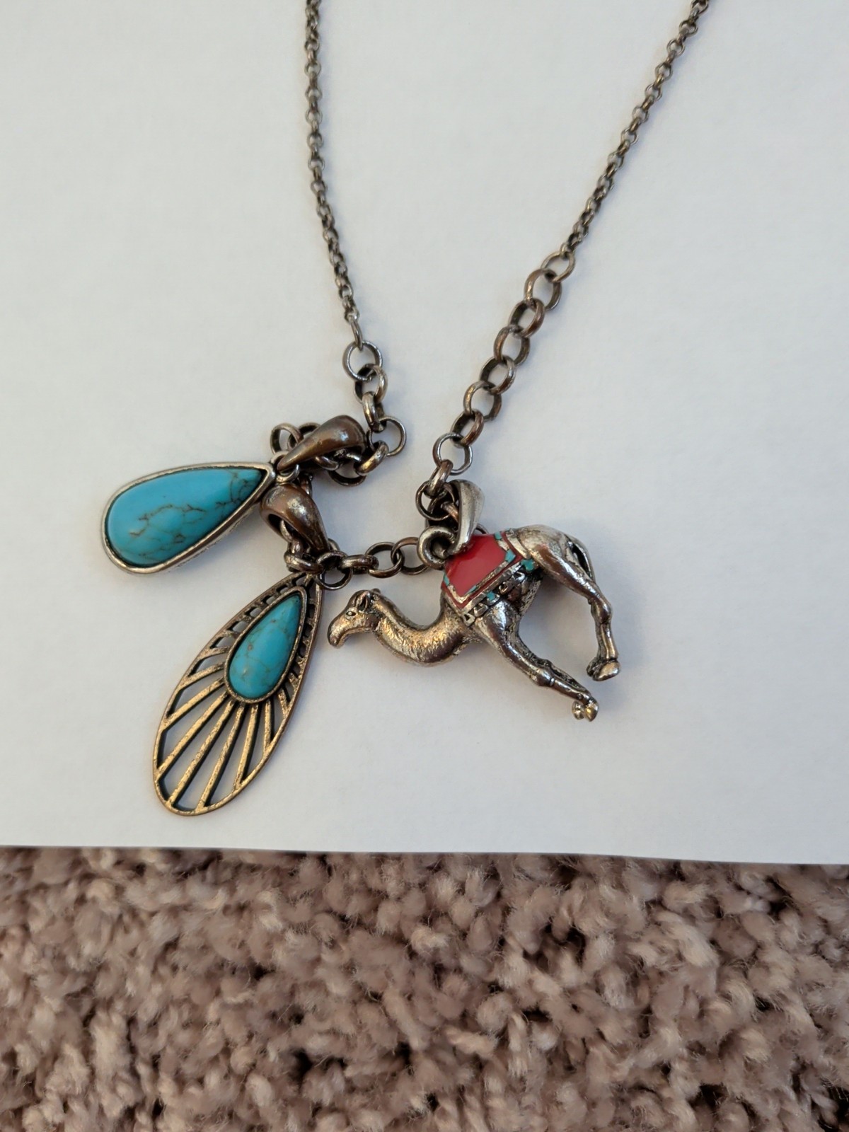 Rare Lucky Brand Boho Statement Necklace Turquoise Teardrop & Camel Charms