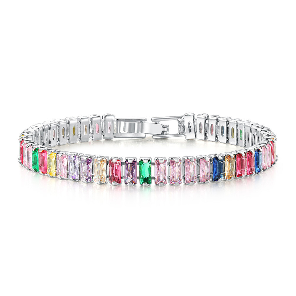 New Rectangle Shape Rainbow Multi Color Gems Charm Women Silver Bracelets 7.4”