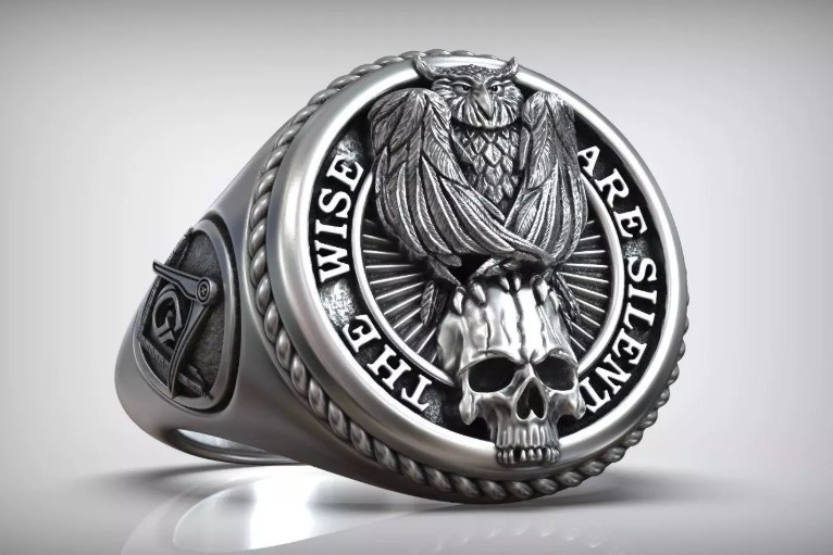 Masonic Owl Skull Ring 925 Sterling Silver Free Engraving Gothic Biker
