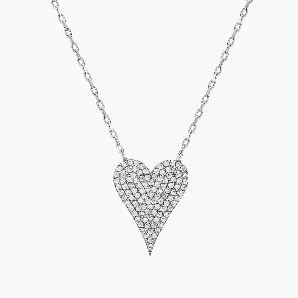 925 Silver Rhodium Plated CZ Pave Elongated Heart Necklace 16”+2” Extender