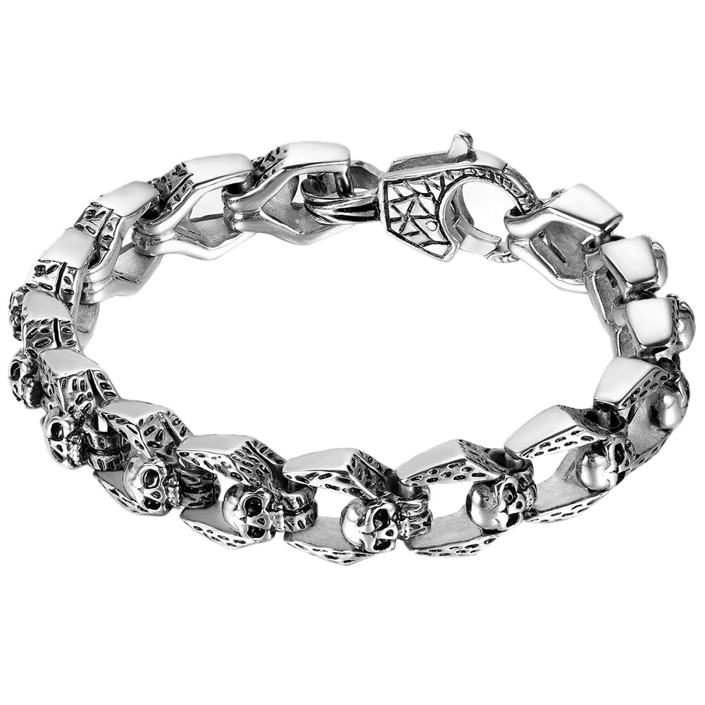 Gothic Biker Skull Link Bracelet for Men Stainless Steel Polished Silver 8.7”