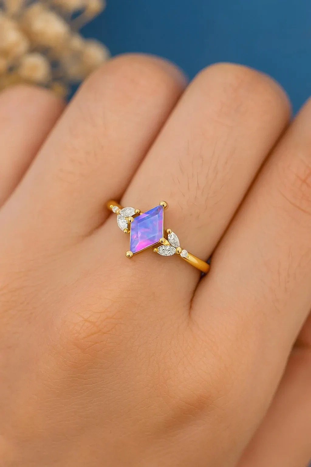 Lavender Fire Opal Kite Gemstone Statement Ring, Natural Fire Opal Gemstone Gold