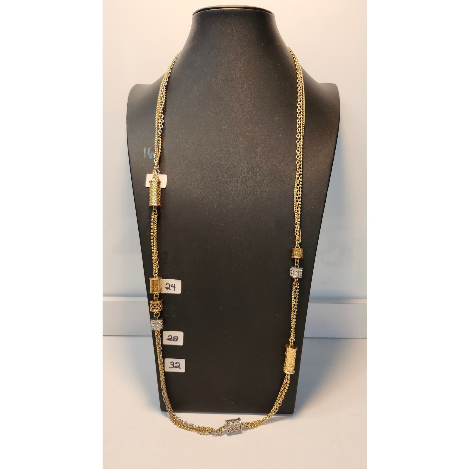 Coach Multi Strand Cylinder Long Station Statement Necklace Two Tone Pave Chain