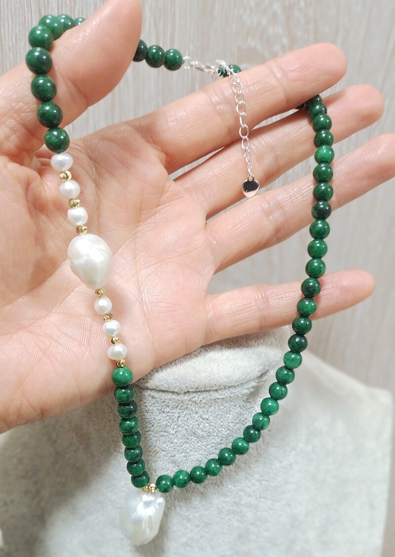 Natural 6mm Emerald Round Beads 15*20mm White Baroque Pearl Necklace 16″-22″AA