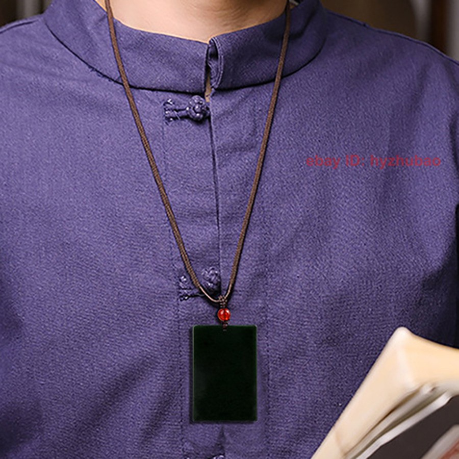 Certified Natural Ink Jade HeTian Nephrite Jade Rectangle Lucky Pendant Necklace