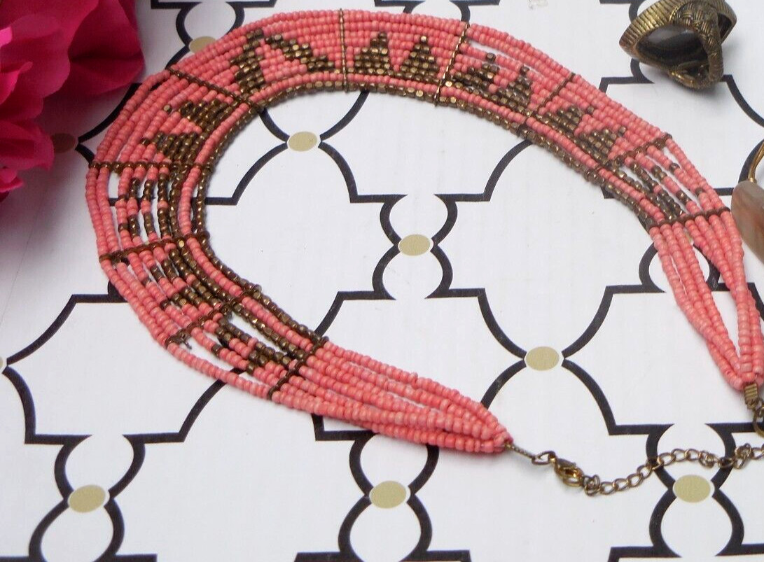 BEADED ORANGE & COPPER CHOKER BIB NECKLACE, TRIBAL / SOUTHWESTERN STYLE