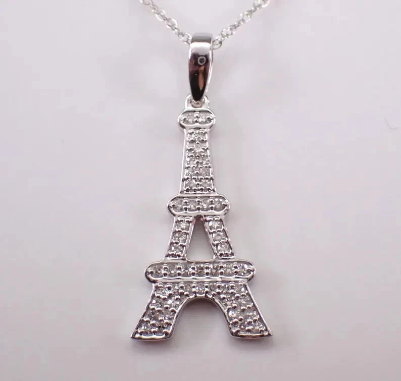 1Ct Round Simulated Diamond Eiffel Tower Pendant Necklace 14k White Gold Plated