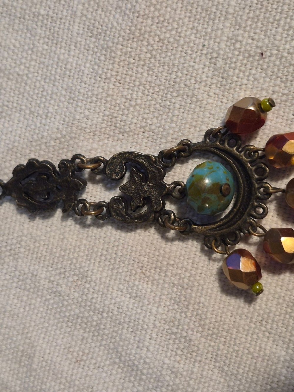 David Aubrey Vintage Inspired Beaded Bronze Filigree Drop Necklace